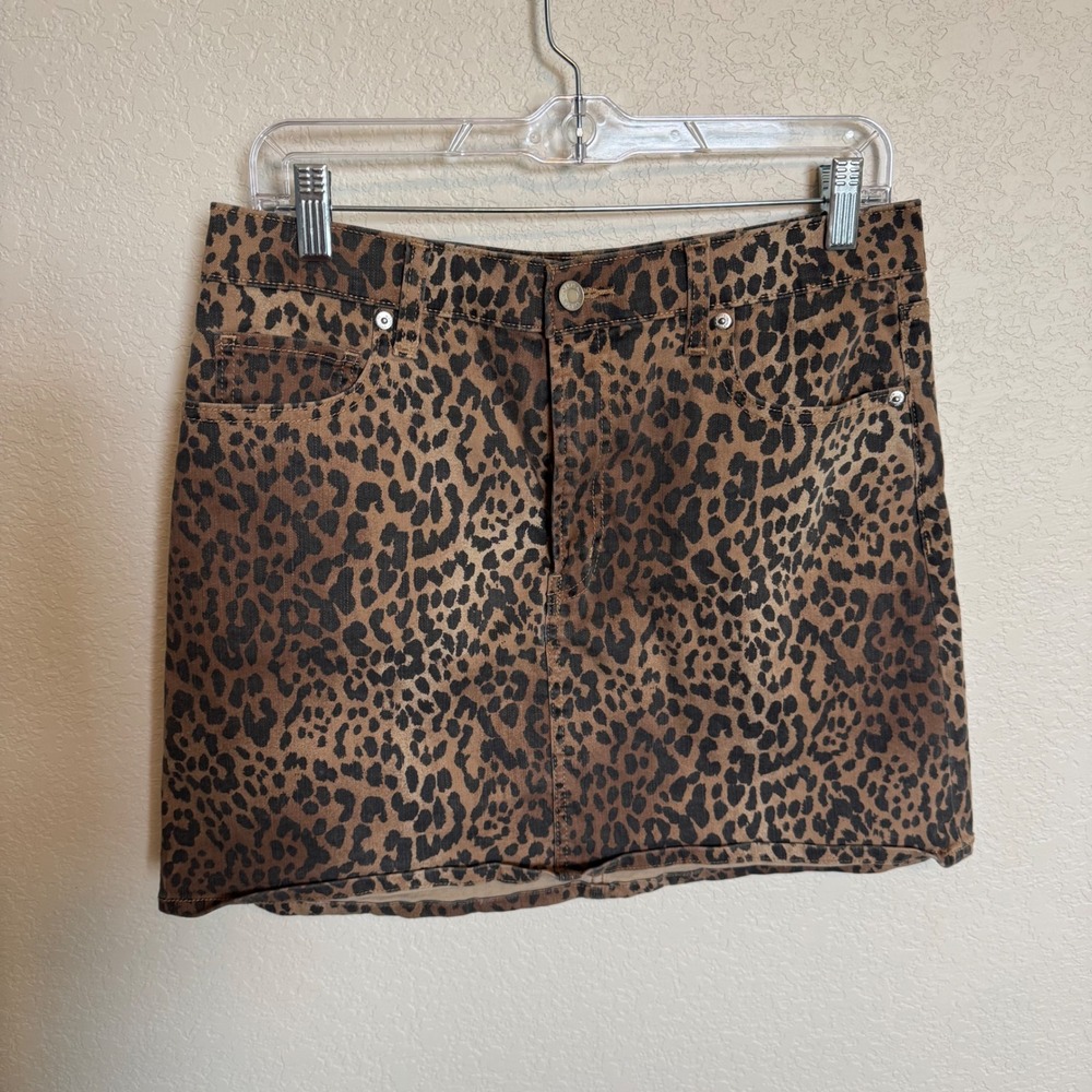 Indie Sleaze Gap Leopard Denim Mini Skirt Size 10 Brown Animal Print
